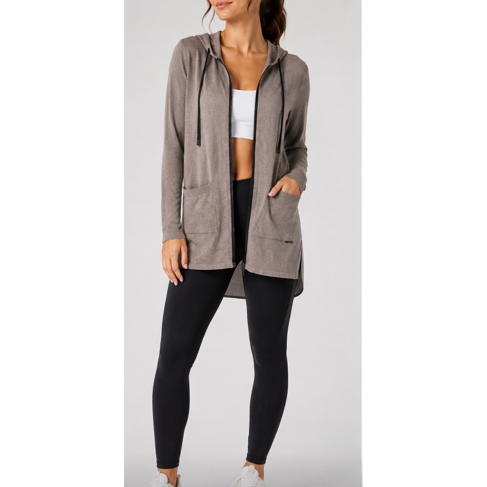 MPG Sport Womens Longline Mixed Media Zip Up Hoodie Cardigan Taupe Mauve Small